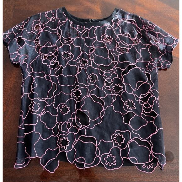 Diane von Furstenberg Sheer Silk Black & Pink Short Sleeve Size 4 Blouse Top - Picture 1 of 9